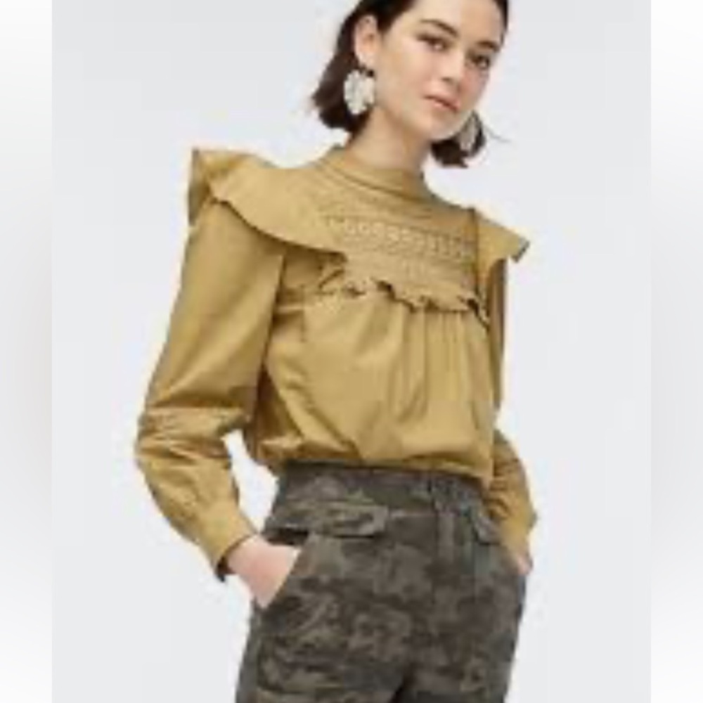 J. Crew Mustard Ruffle High-Neck Blouse